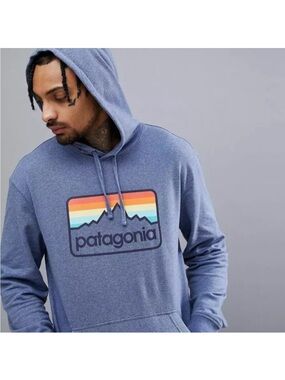 Patagonia Blue Pullover Hoodie with Sunset Mountain Logo